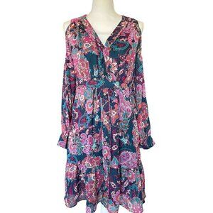 Aqua Women's Boho Dress Size M Floral Cold Shoulder Sheer Sleeves V-Neck Pockets